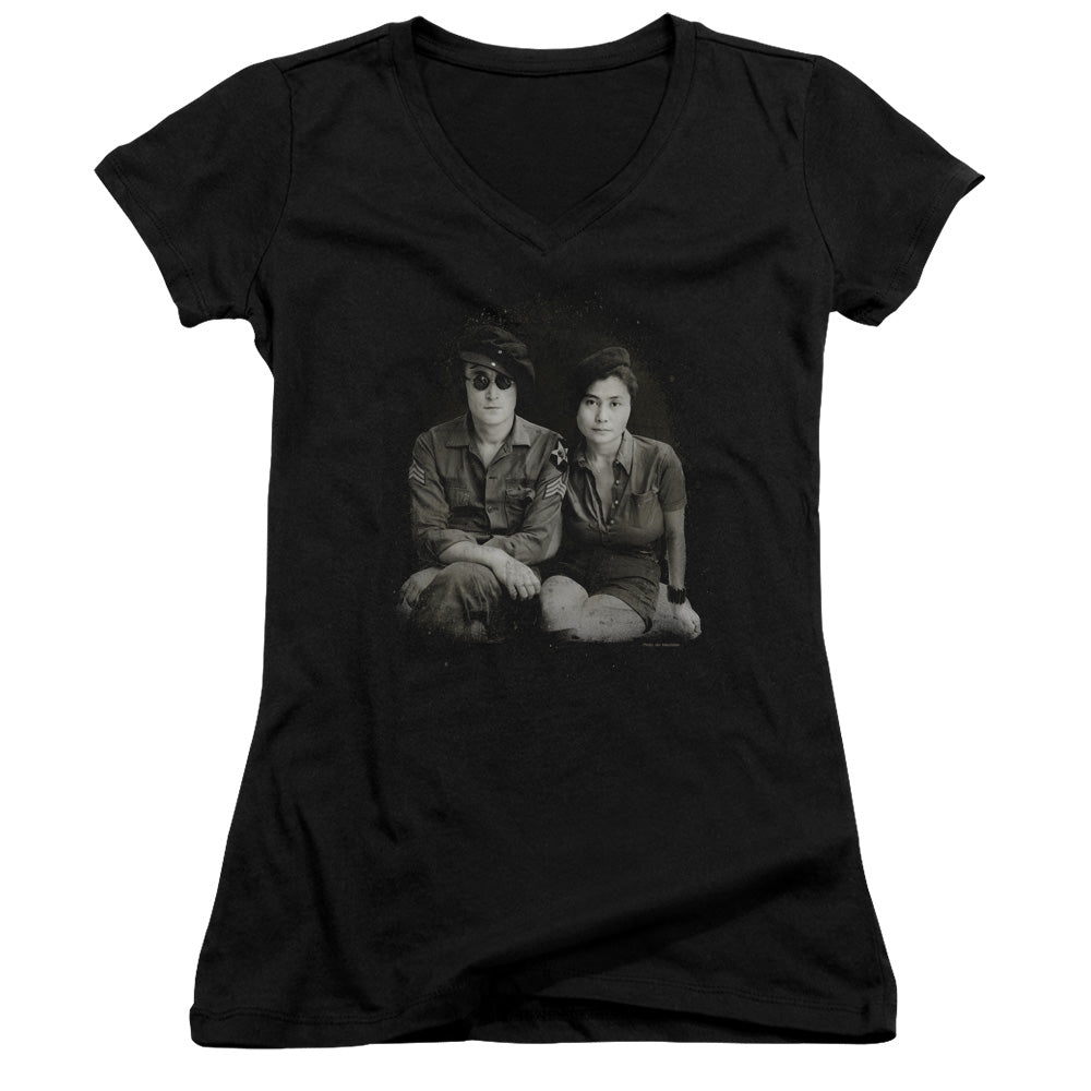 John Lennon Beret Junior Sheer Cap Sleeve V-Neck Womens T Shirt Black