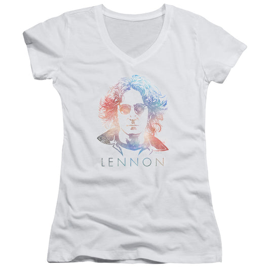 John Lennon Colorful Junior Sheer Cap Sleeve V-Neck Womens T Shirt White