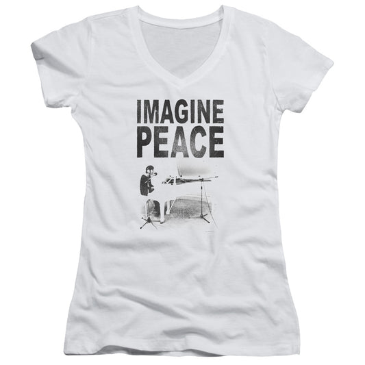 John Lennon Imagine Junior Sheer Cap Sleeve V-Neck Womens T Shirt White