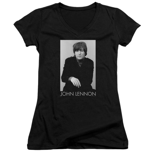 John Lennon Ex Beatle Junior Sheer Cap Sleeve V-Neck Womens T Shirt Black