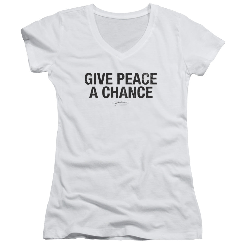 John Lennon Give Peace A Chance Junior Sheer Cap Sleeve V-Neck Womens T Shirt White