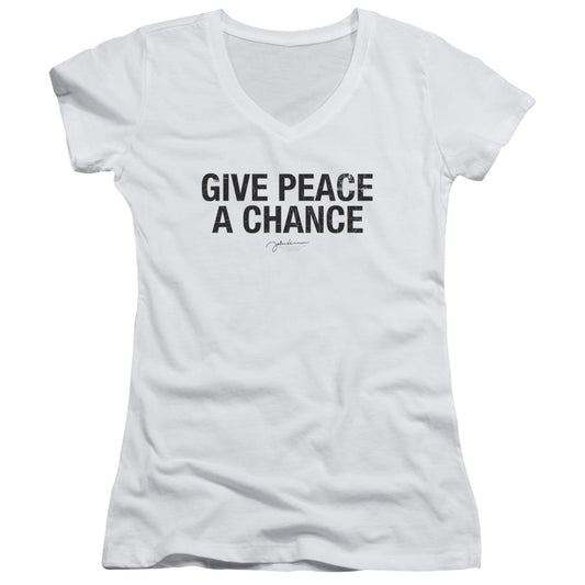 John Lennon Give Peace A Chance Junior Sheer Cap Sleeve V-Neck Womens T Shirt White