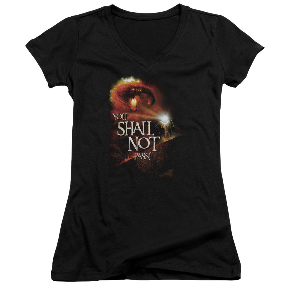 Lord of the Rings You Shall Not Pass Junior Sheer Cap Sleeve V-Neck Womens T Shirt Black