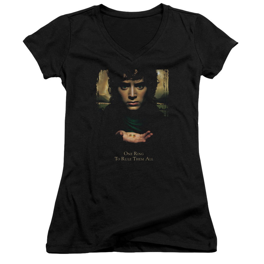 Lord of the Rings Frodo One Ring Junior Sheer Cap Sleeve V-Neck Womens T Shirt Black