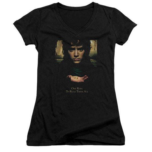 Lord of the Rings Frodo One Ring Junior Sheer Cap Sleeve V-Neck Womens T Shirt Black