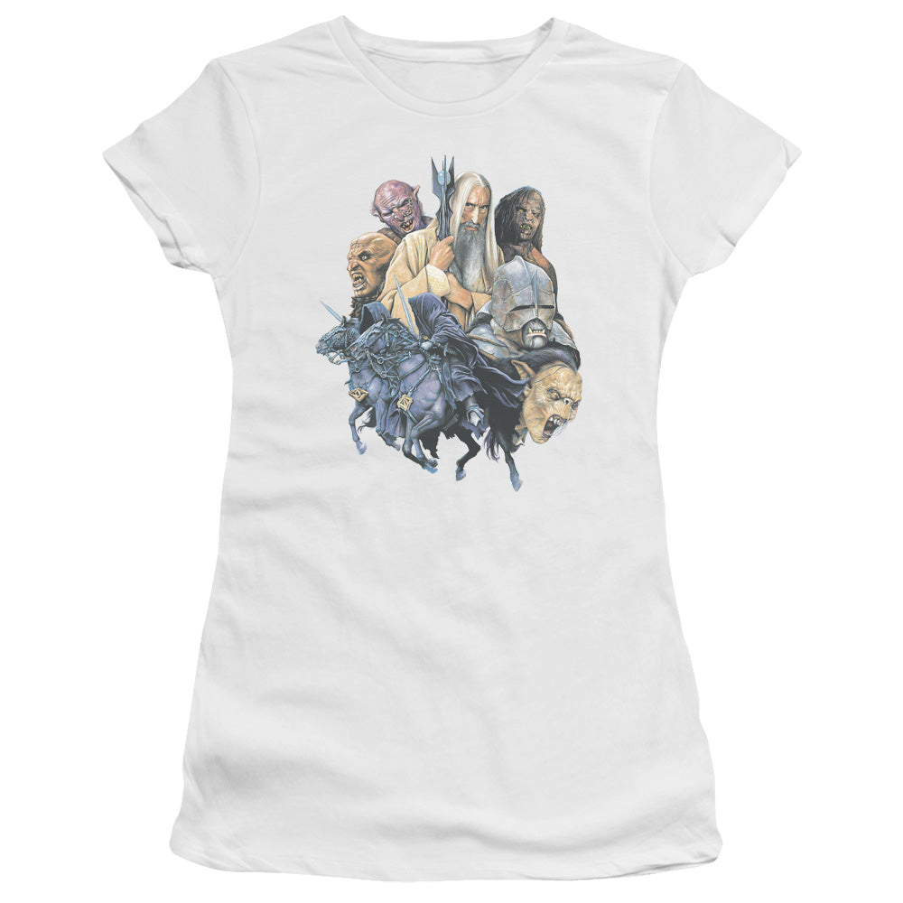 Lord of the Rings Collage of Evil Junior Sheer Cap Sleeve Womens T Shirt White