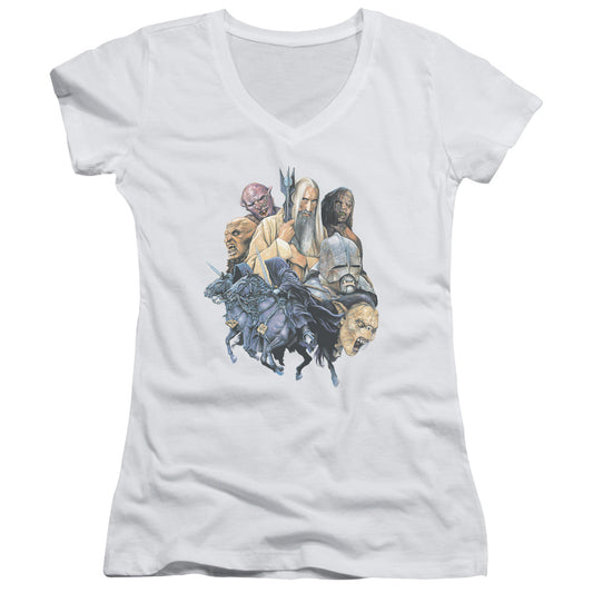 Lord of the Rings Collage of Evil Junior Sheer Cap Sleeve V-Neck Womens T Shirt White