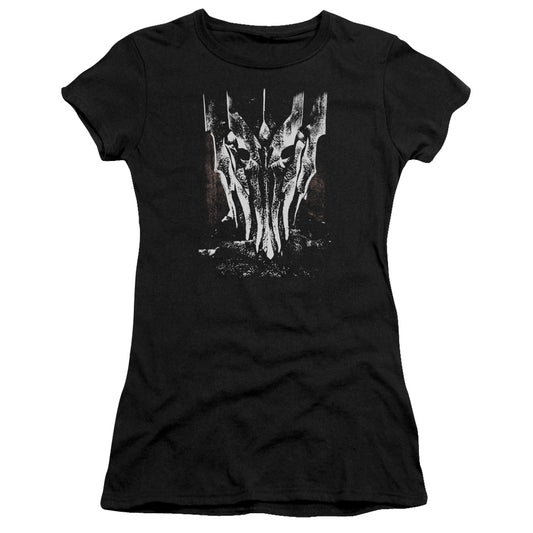 Lord of the Rings Big Sauron Head Junior Sheer Cap Sleeve Womens T Shirt Black