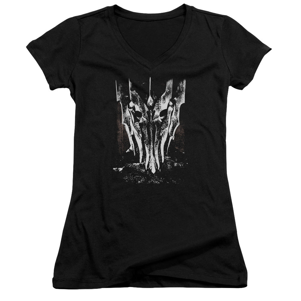 Lord of the Rings Big Sauron Head Junior Sheer Cap Sleeve V-Neck Womens T Shirt Black