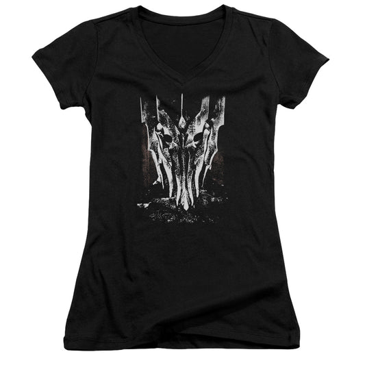 Lord of the Rings Big Sauron Head Junior Sheer Cap Sleeve V-Neck Womens T Shirt Black