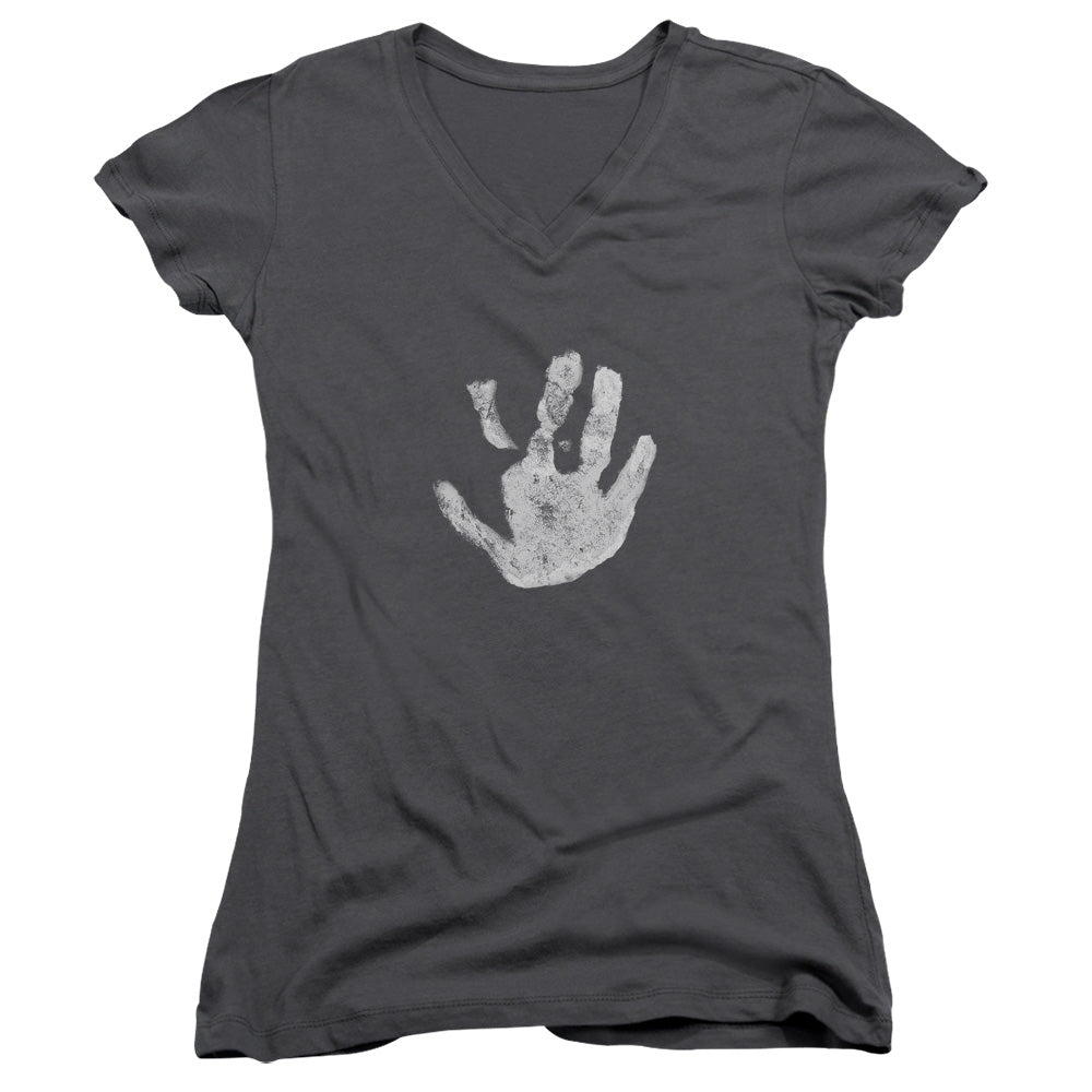 Lord of the Rings White Hand Junior Sheer Cap Sleeve V-Neck Womens T Shirt Charcoal