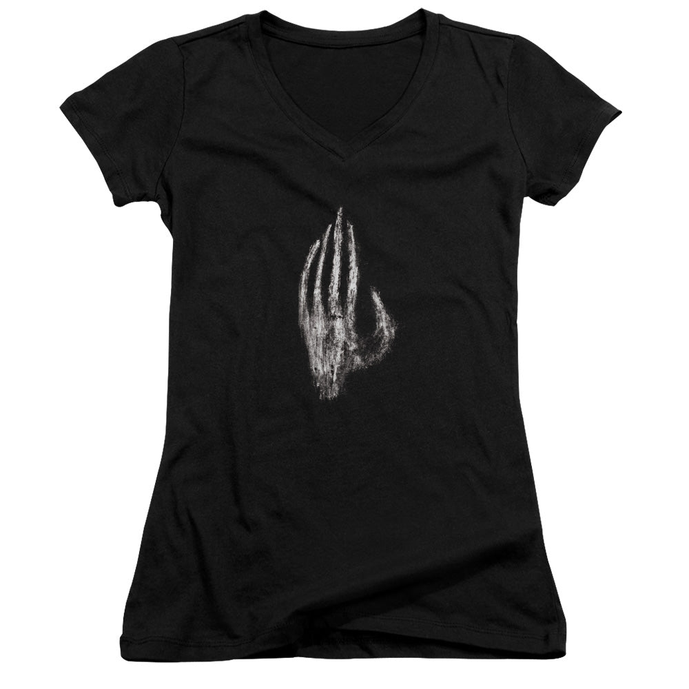 Lord of the Rings Hand of Saruman Junior Sheer Cap Sleeve V-Neck Womens T Shirt Black