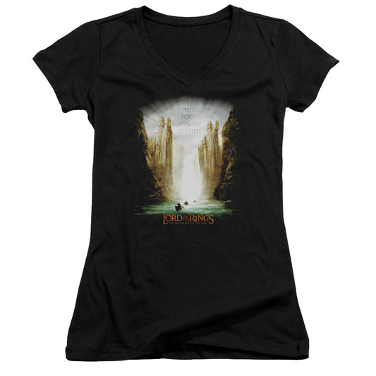 Lord of the Rings Kings of Old Junior Sheer Cap Sleeve V-Neck Womens T Shirt Black