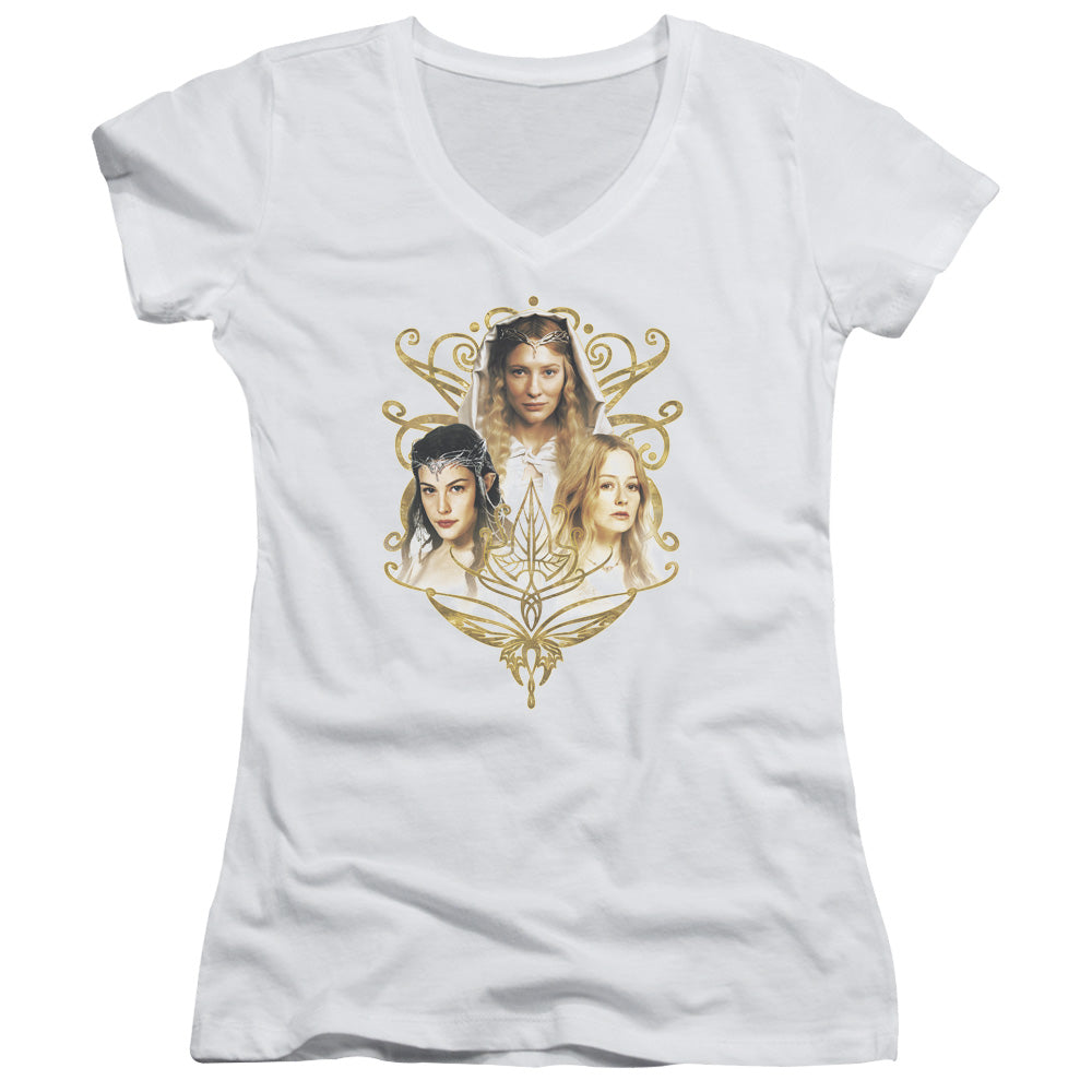 Lord of the Rings Women of Middle Earth Junior Sheer Cap Sleeve V-Neck Womens T Shirt White