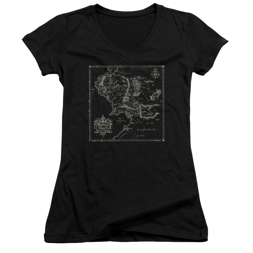 Lord Of The Rings Map of Me Junior Sheer Cap Sleeve V-Neck Womens T Shirt Black