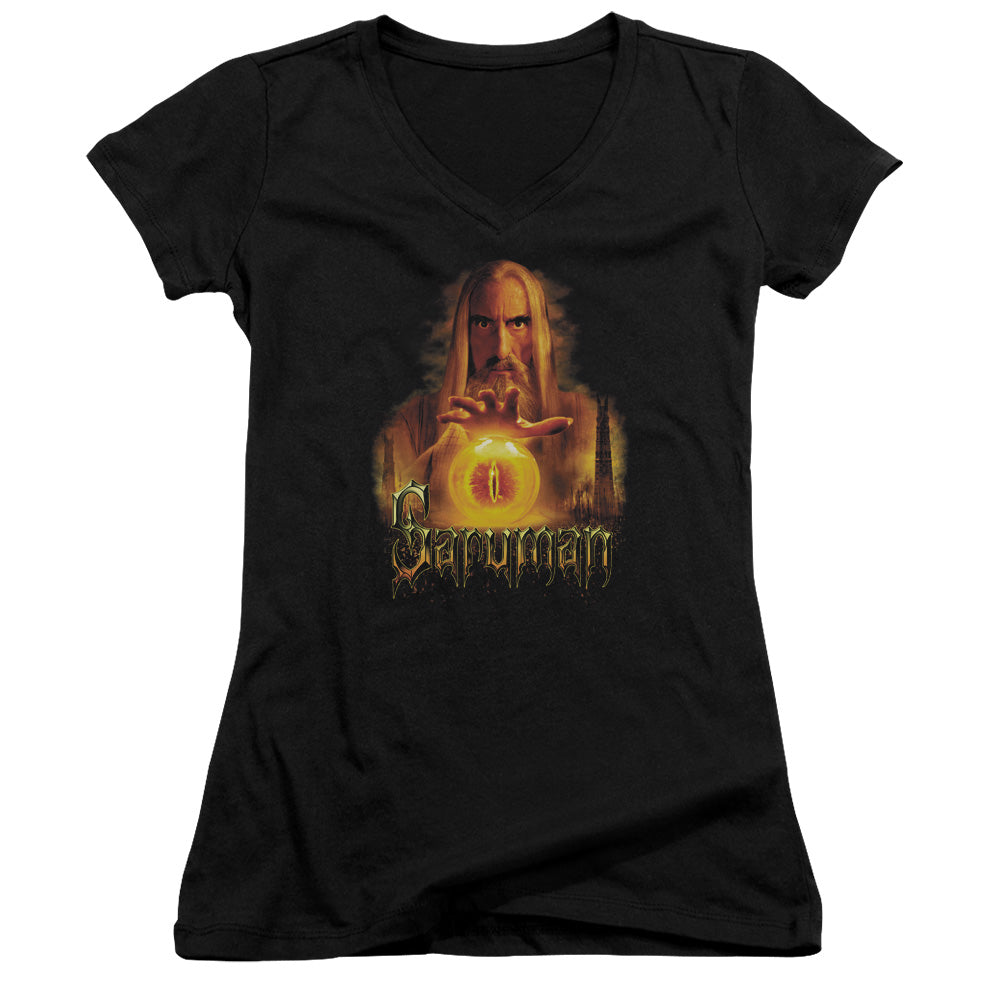 Lord of the Rings Saruman Junior Sheer Cap Sleeve V-Neck Womens T Shirt Black