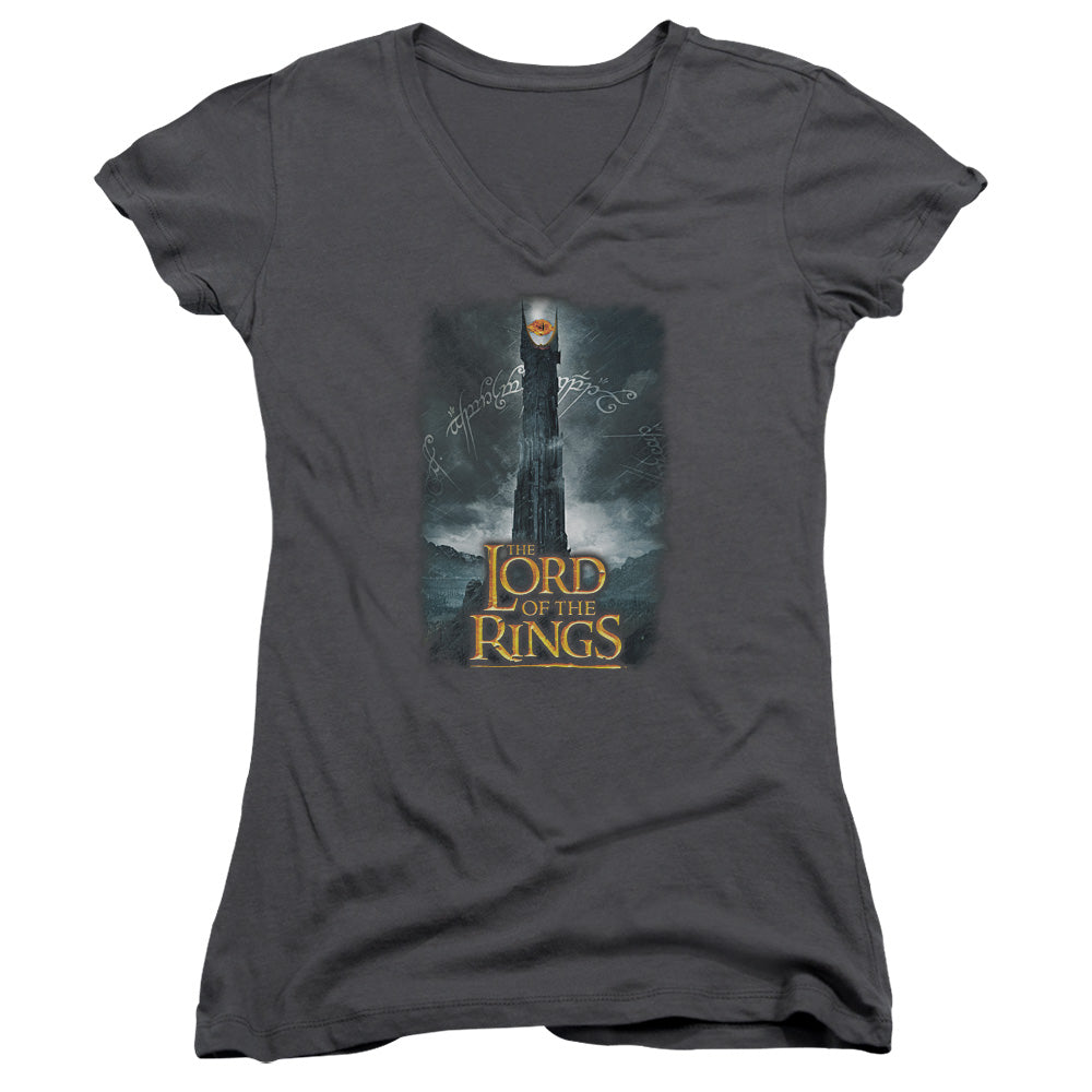 Lord of the Rings Always Watching Junior Sheer Cap Sleeve V-Neck Womens T Shirt Charcoal