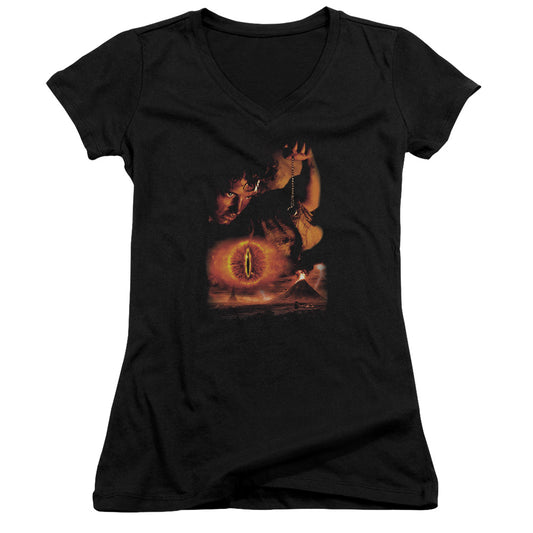 Lord of the Rings Destroy the Ring Junior Sheer Cap Sleeve V-Neck Womens T Shirt Black