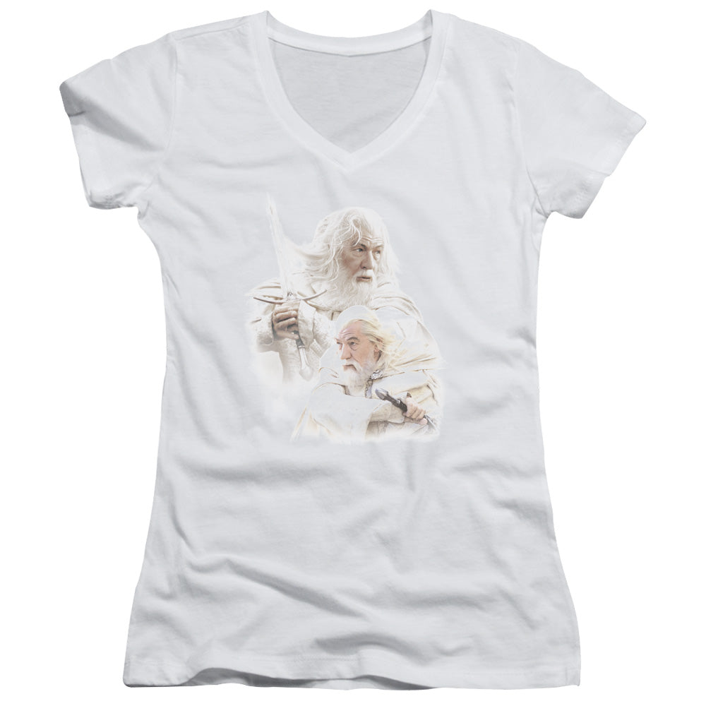 Lord of the Rings Gandalf the White Junior Sheer Cap Sleeve V-Neck Womens T Shirt White