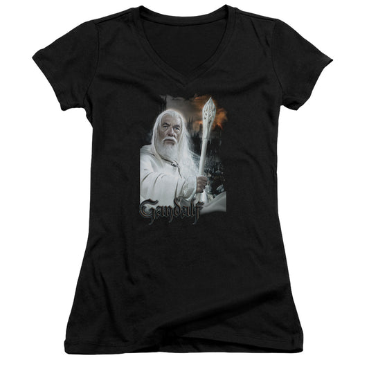 Lord of the Rings Gandalf Junior Sheer Cap Sleeve V-Neck Womens T Shirt Black