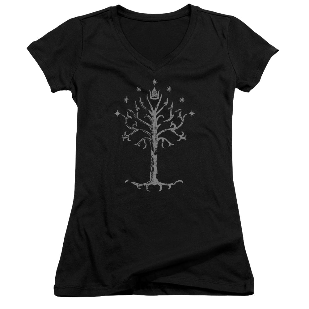 Lord of the Rings Tree of Gondor Junior Sheer Cap Sleeve V-Neck Womens T Shirt Black