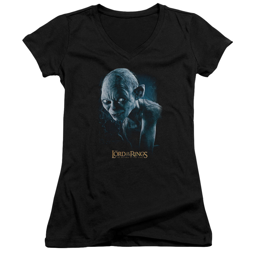 Lord of the Rings Sneaking Junior Sheer Cap Sleeve V-Neck Womens T Shirt Black