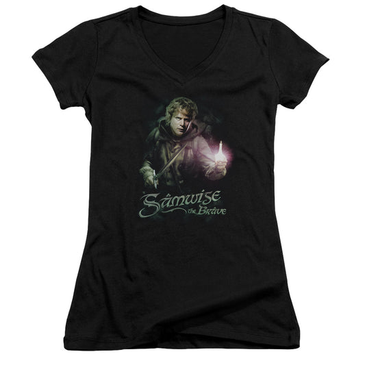 Lord of the Rings Samwise the Brave Junior Sheer Cap Sleeve V-Neck Womens T Shirt Black