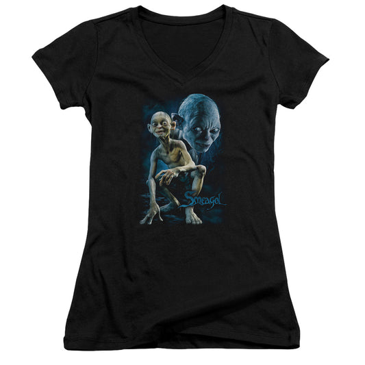 Lord of the Rings Eagol Junior Sheer Cap Sleeve V-Neck Womens T Shirt Black