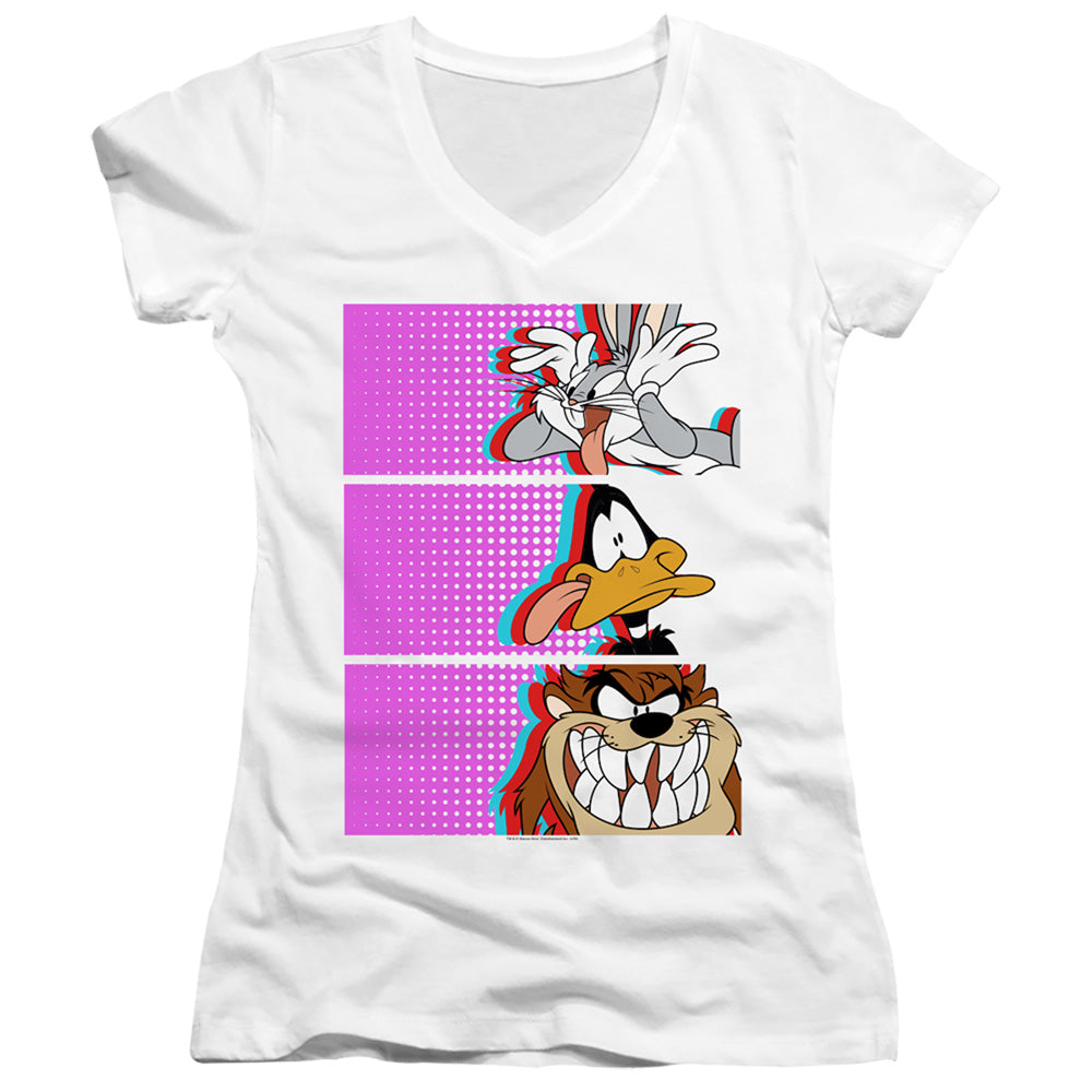 Looney Tunes Tiles Junior Sheer Cap Sleeve V-Neck Womens T Shirt White