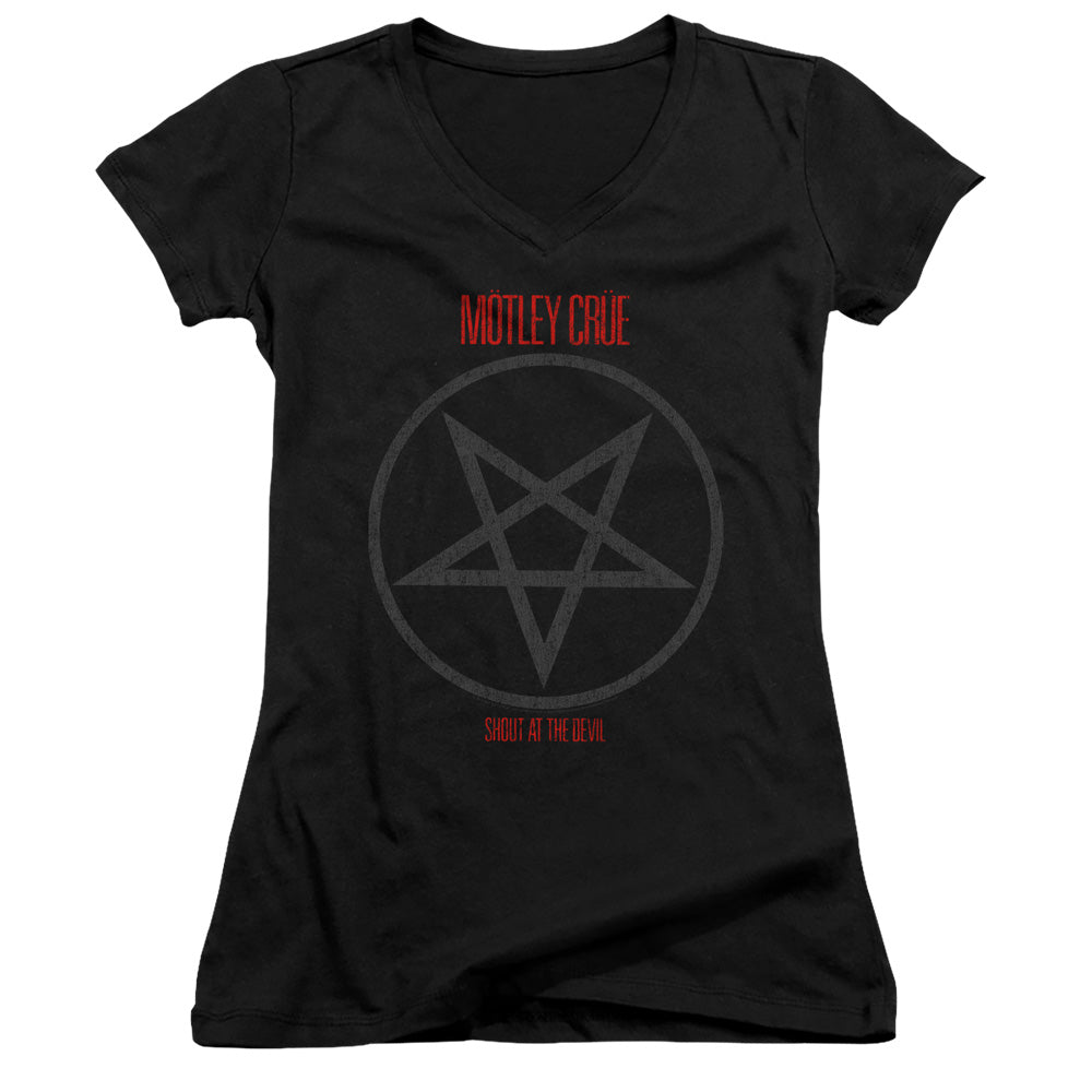 Motley Crue Shout At The Devil Junior Sheer Cap Sleeve V-Neck Womens T Shirt Black