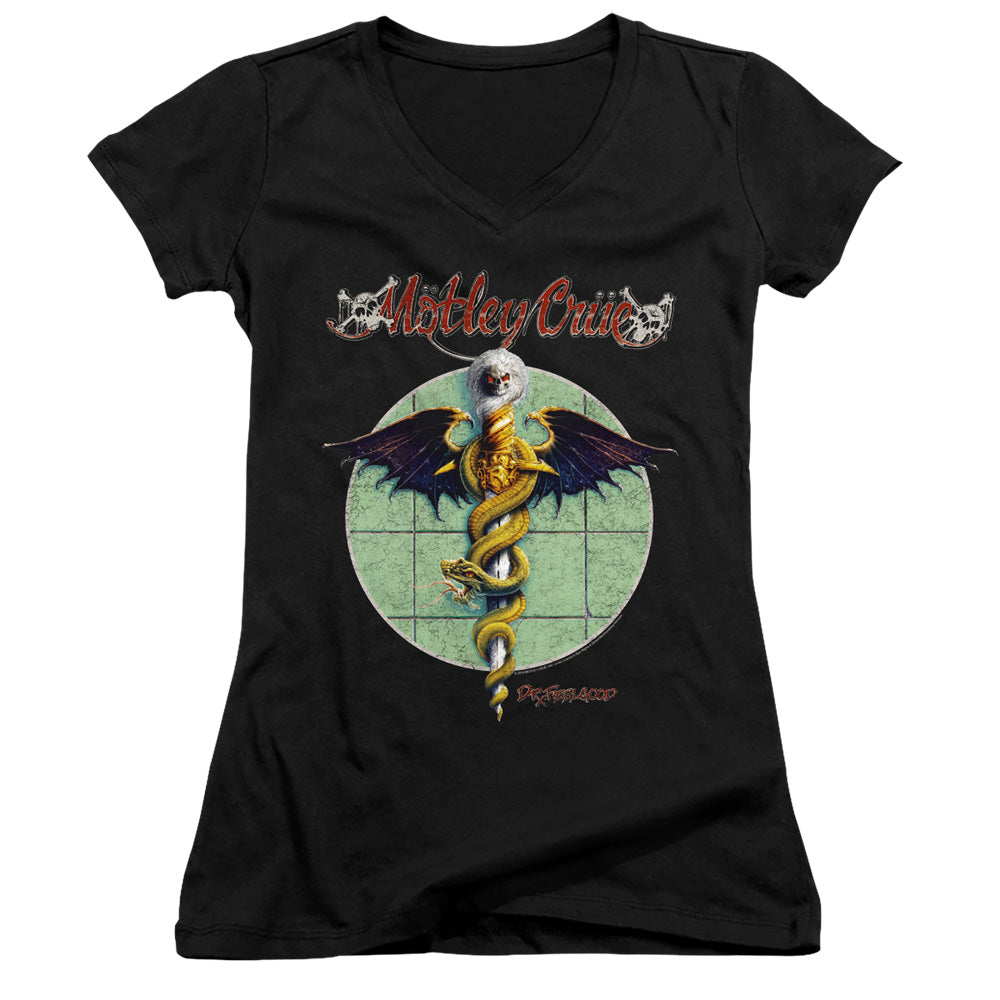 Motley Crue Dr. Feelgood Junior Sheer Cap Sleeve V-Neck Womens T Shirt Black