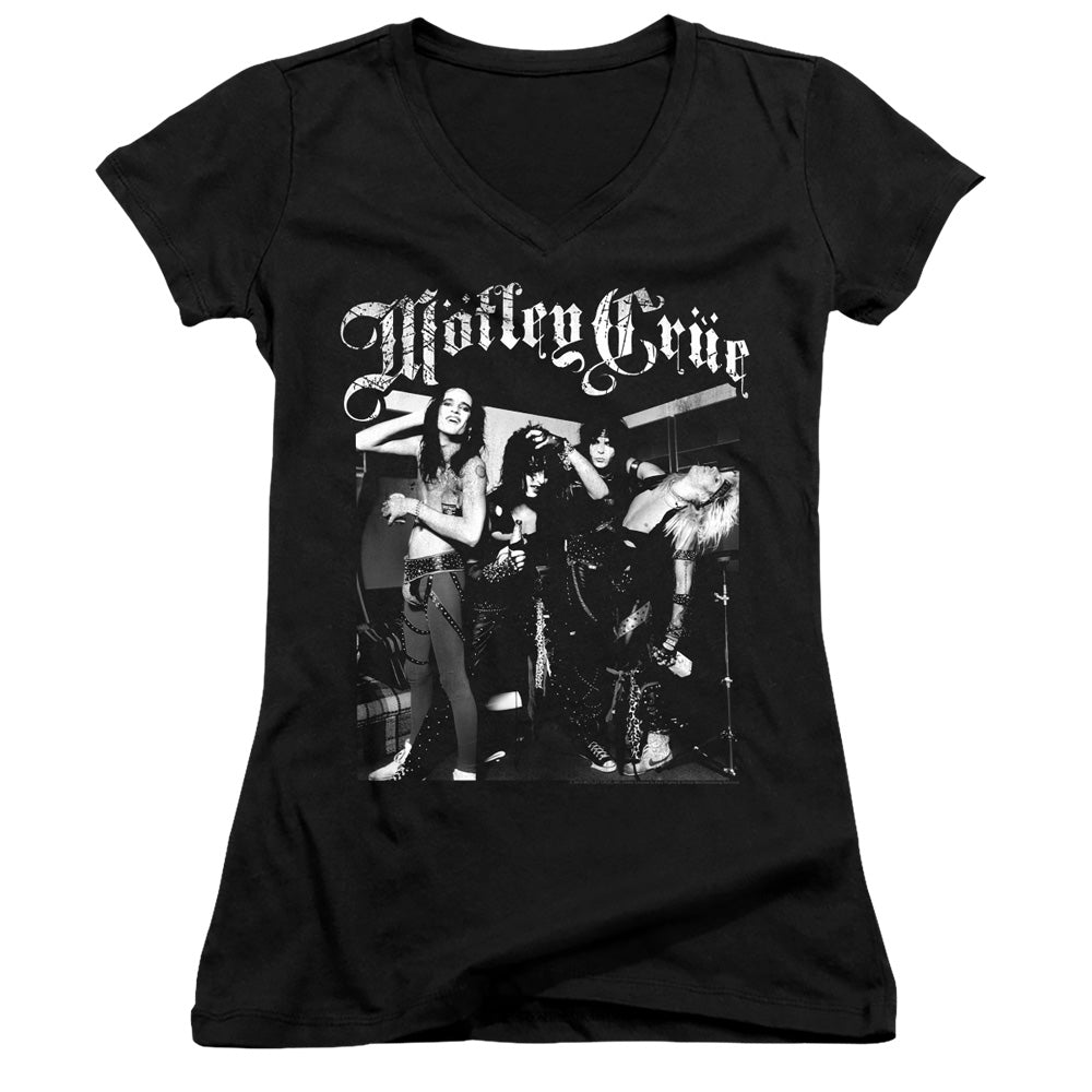 Motley Crue Band Photo Junior Sheer Cap Sleeve V-Neck Womens T Shirt Black