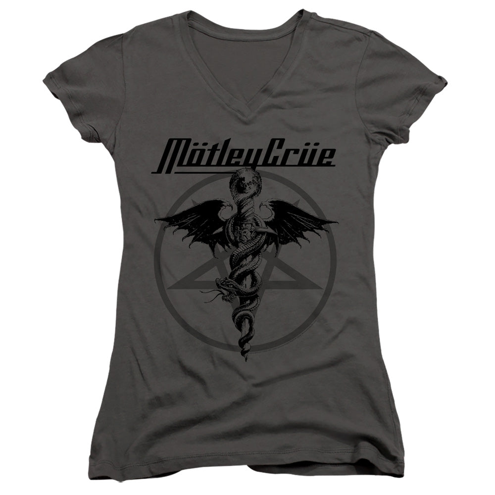 Motley Crue Dr. Devil Junior Sheer Cap Sleeve V-Neck Womens T Shirt Charcoal