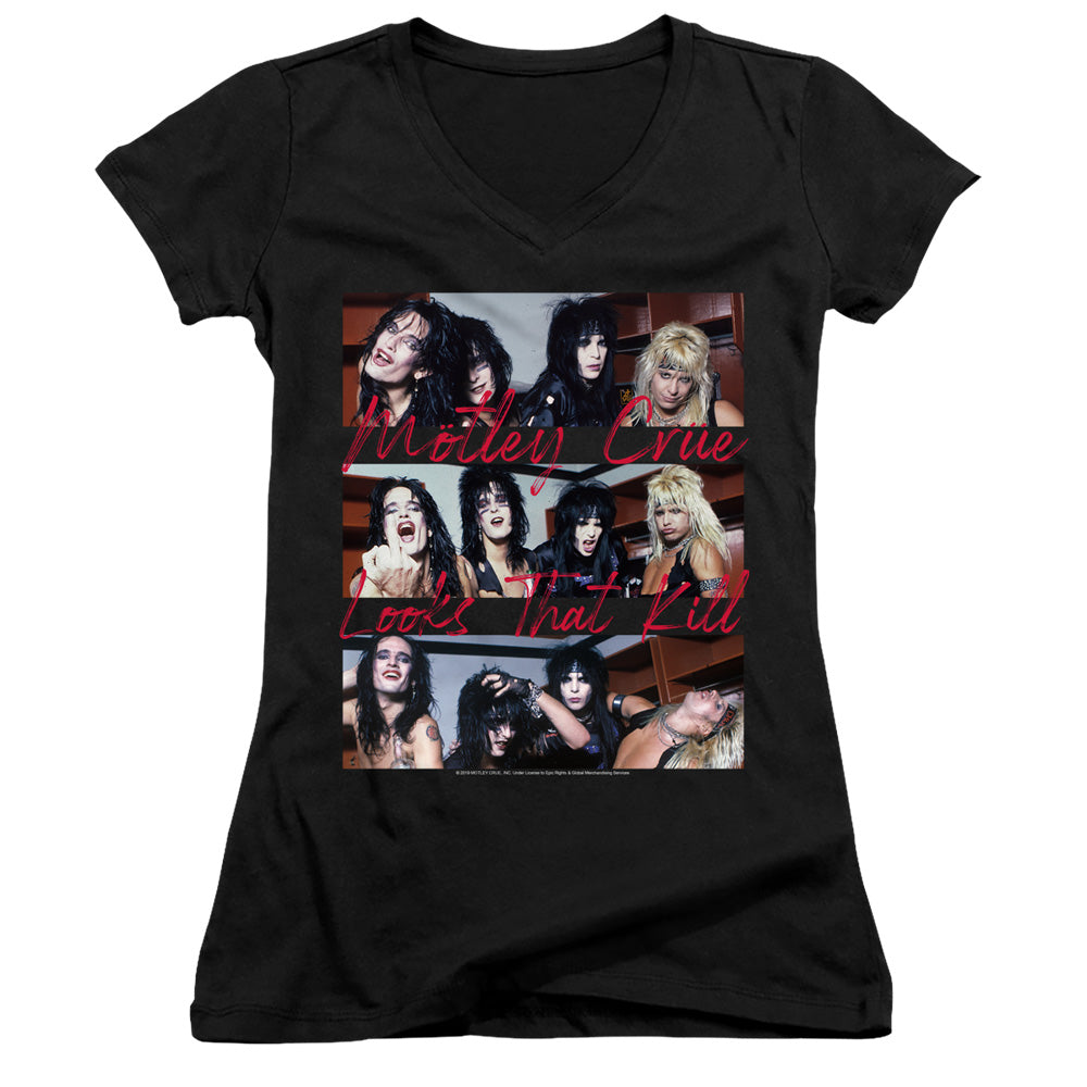 Motley Crue Looks That Kill Junior Sheer Cap Sleeve V-Neck Womens T Shirt Black