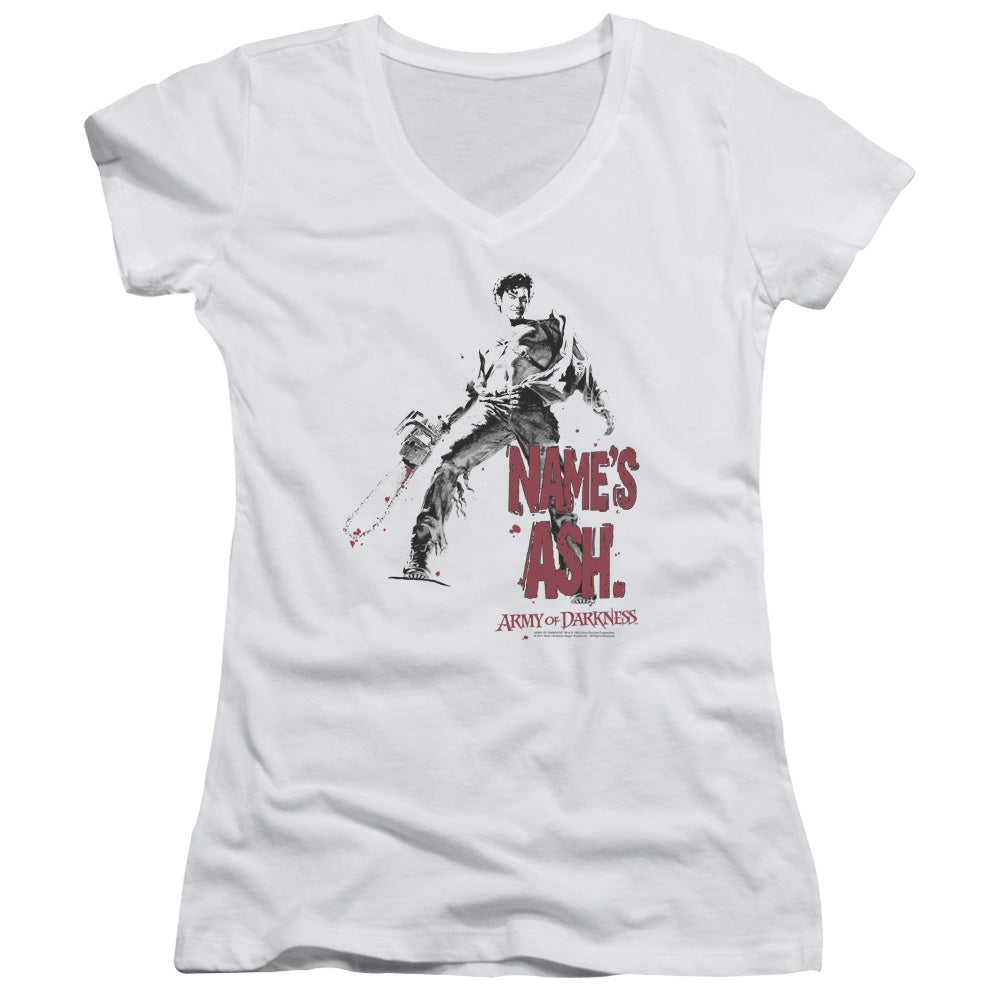 Army Of Darkness Names Ash Junior Sheer Cap Sleeve V-Neck Womens T Shirt White