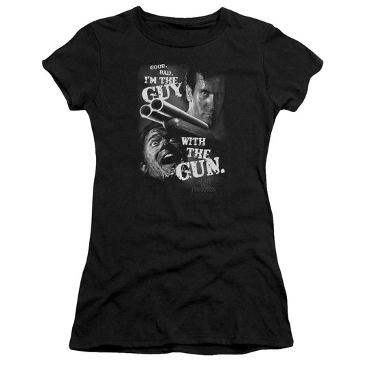 Army Of Darkness Guy With The Gun Junior Sheer Cap Sleeve Womens T Shirt Black