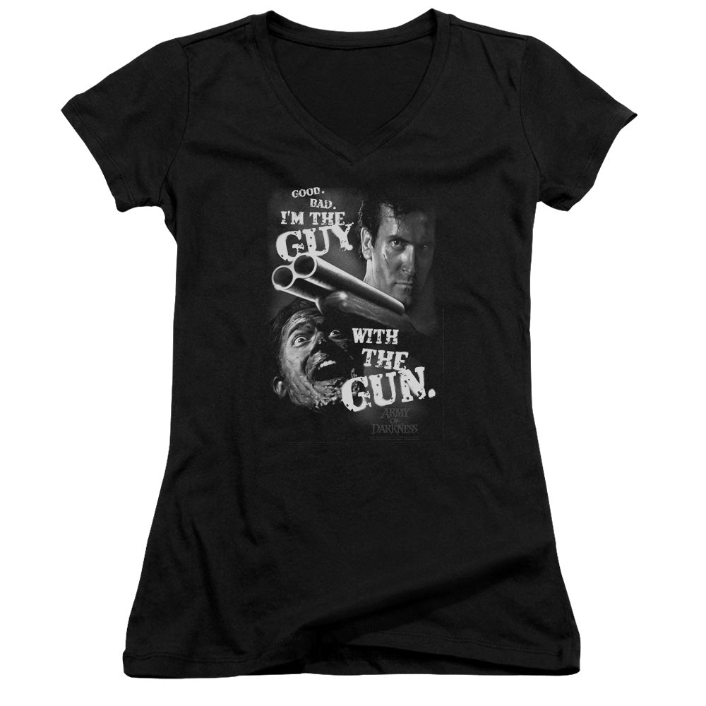 Army Of Darkness Guy With The Gun Junior Sheer Cap Sleeve V-Neck Womens T Shirt Black