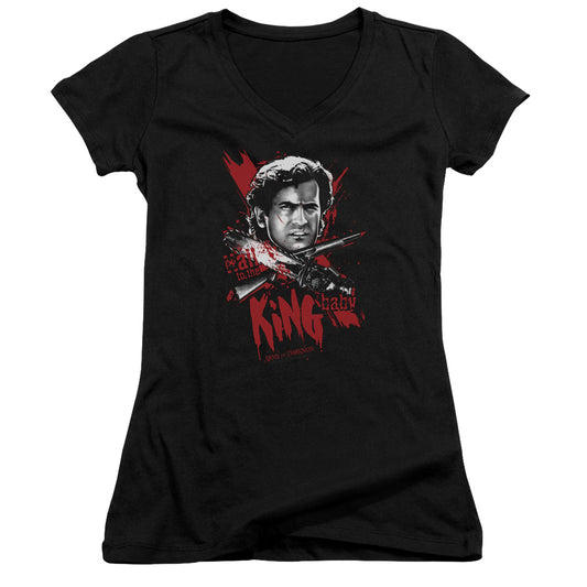 Army Of Darkness Hail To The King Junior Sheer Cap Sleeve V-Neck Womens T Shirt Black