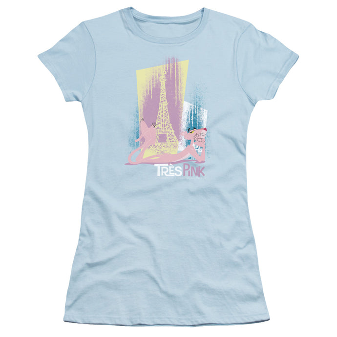 Pink Panther Tres Pink Junior Sheer Cap Sleeve Womens T Shirt Light Blue