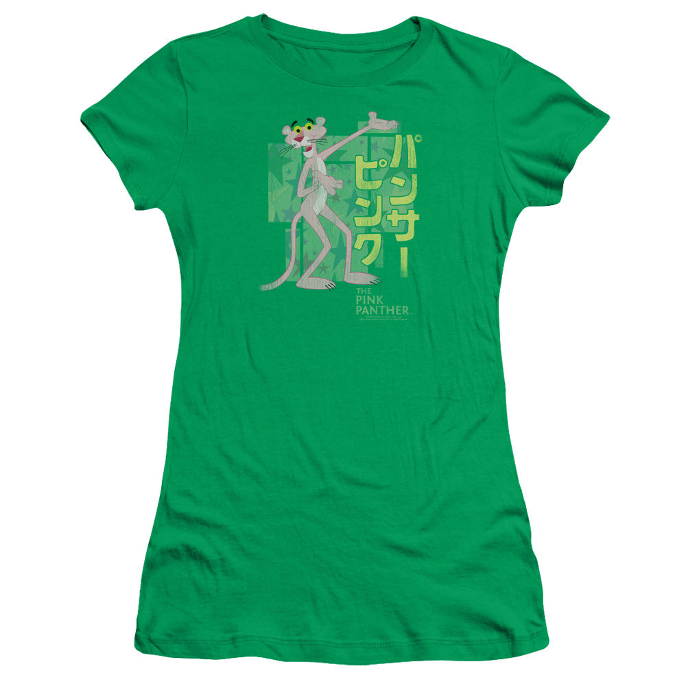 Pink Panther Asian Letters Junior Sheer Cap Sleeve Womens T Shirt Kelly Green