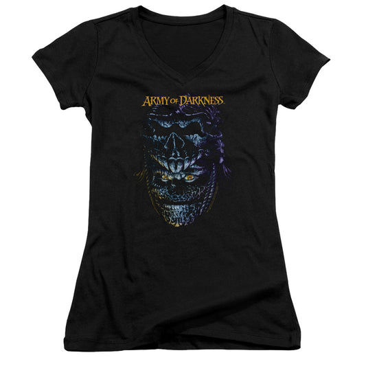 Army Of Darkness Evil Ash Junior Sheer Cap Sleeve V-Neck Womens T Shirt Black