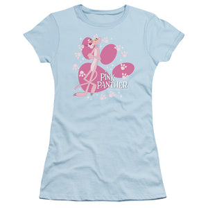 Pink Panther Walk All Over Junior Sheer Cap Sleeve Womens T Shirt Light Blue