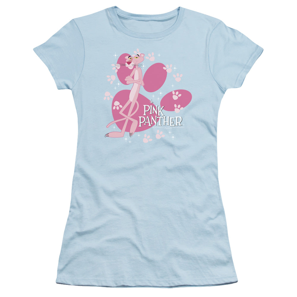 Pink Panther Walk All Over Junior Sheer Cap Sleeve Womens T Shirt Light Blue