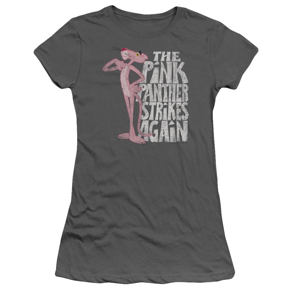 Pink Panther Strikes Again Junior Sheer Cap Sleeve Womens T Shirt Charcoal