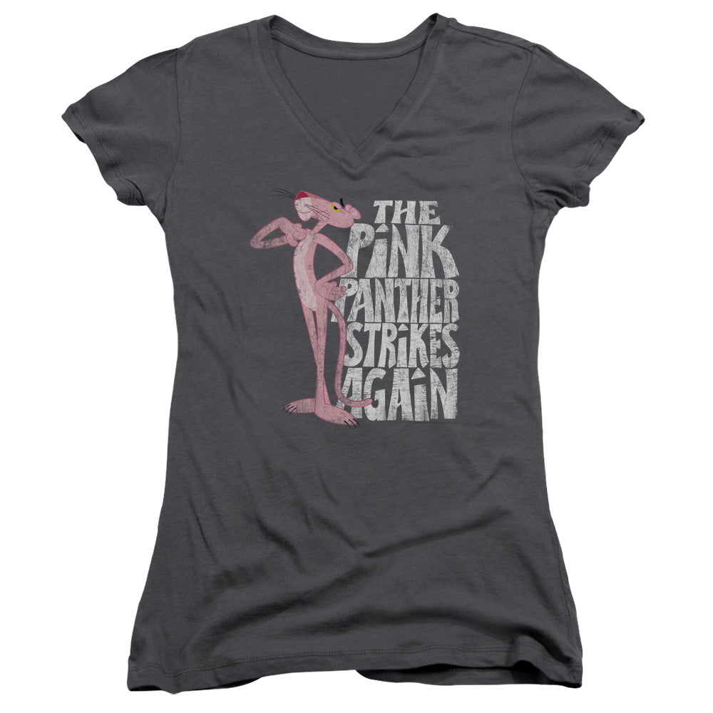 Pink Panther Strikes Again Junior Sheer Cap Sleeve V Neck Womens T Shirt Charcoal