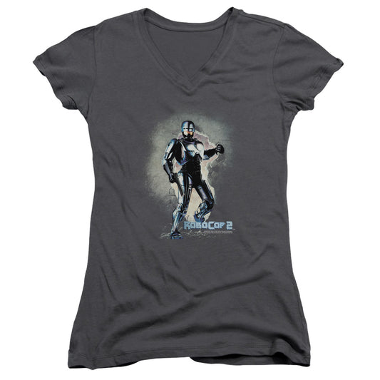 Robocop Break On Through Junior Sheer Cap Sleeve V Neck Womens T Shirt Charcoal