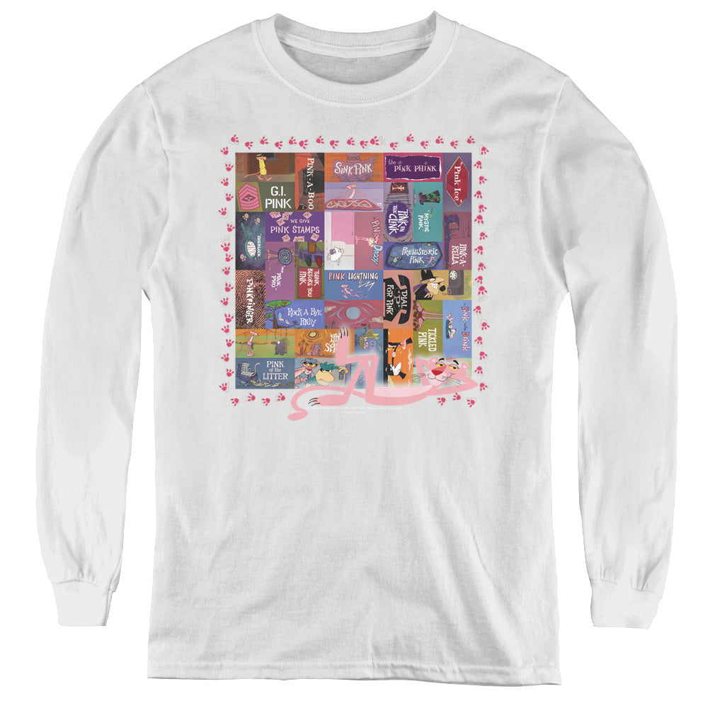 Pink Panther Vintage Titles Long Sleeve Kids Youth T Shirt White