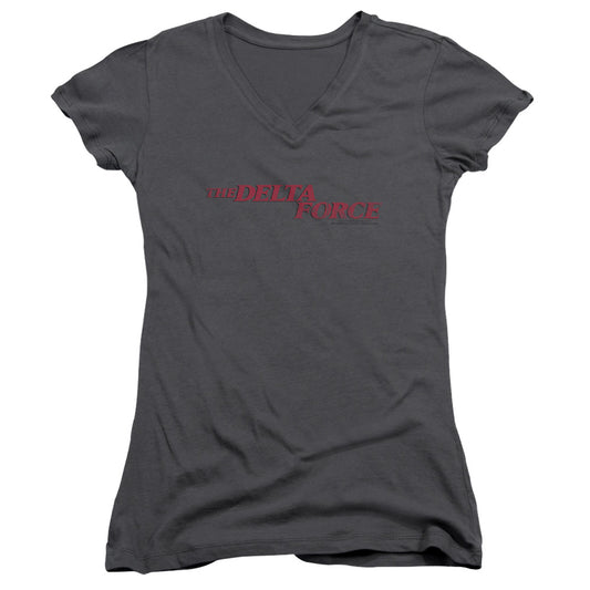 Delta Force Distressed Logo Junior Sheer Cap Sleeve V-Neck Womens T Shirt Charcoal