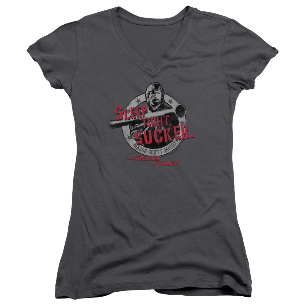 Delta Force Sleep Tight Junior Sheer Cap Sleeve V-Neck Womens T Shirt Charcoal