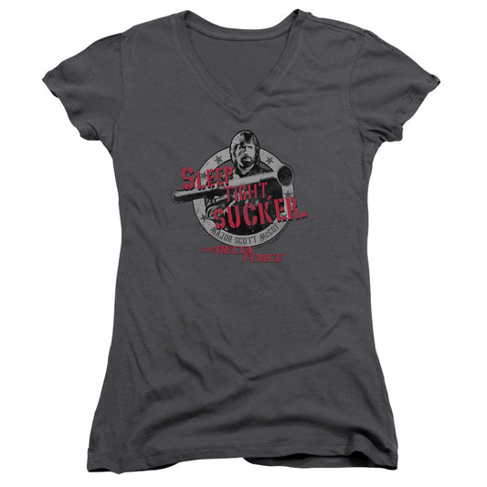 Delta Force Sleep Tight Junior Sheer Cap Sleeve V-Neck Womens T Shirt Charcoal